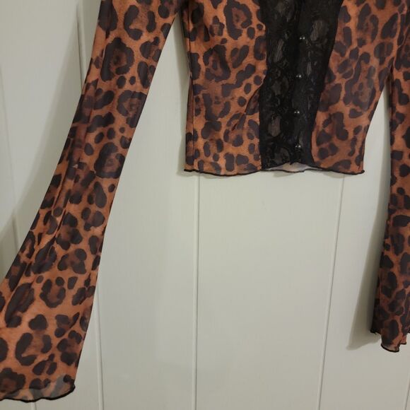 Y2K Womens Cropped Mesh Top Size Medium Leopard Print Lace Trim Button Up Bell - Picture 4 of 7